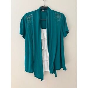 Perception Women Teal Studded Layered Ruffle Front Top Short Sleeve Cardigan